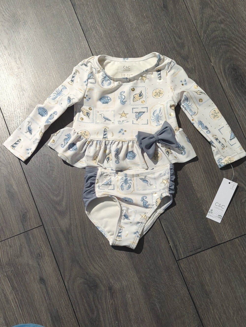 C&C California Cream & Light Blue Nautical Baby Two-Piece Swim Set